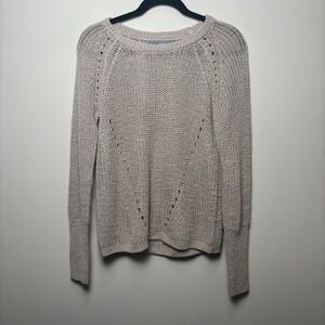 360 Sweater Taupe Beige Open Knit Linen Blend Raglan Crewneck Pullover Womens M